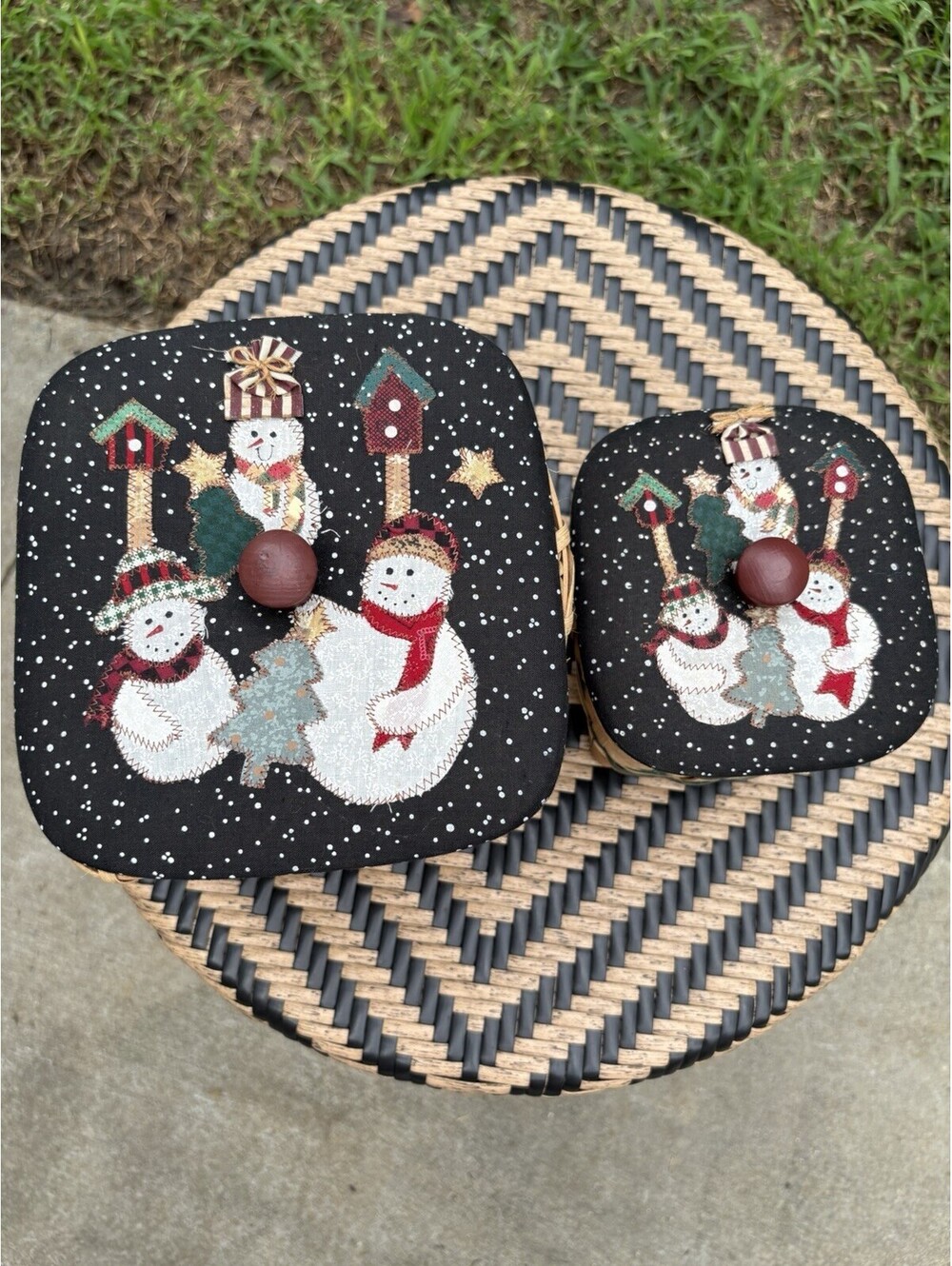 Set of 2 Christmas Snowman Lidded Woven Wicker Baskets Square Snowflake